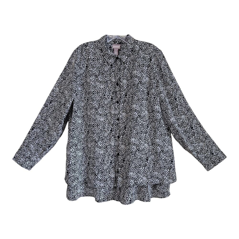 CHICO'S 2 Women 12 14 Blouse Button Up Black White Beige Layered Long Sleeve 44"